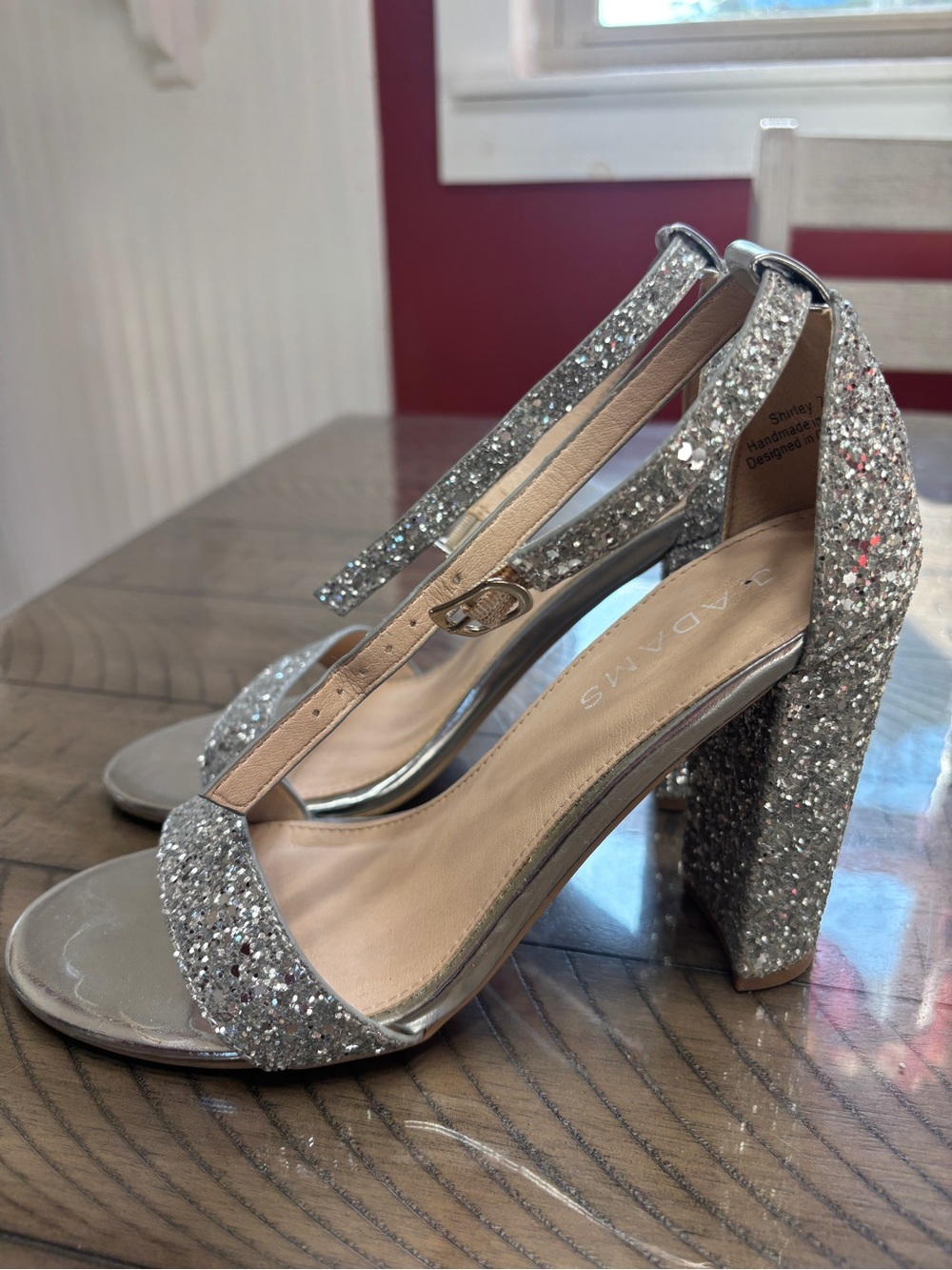 Silver Glitter Block Heel Sandals with Ankle Strap - Women's Dress Heels